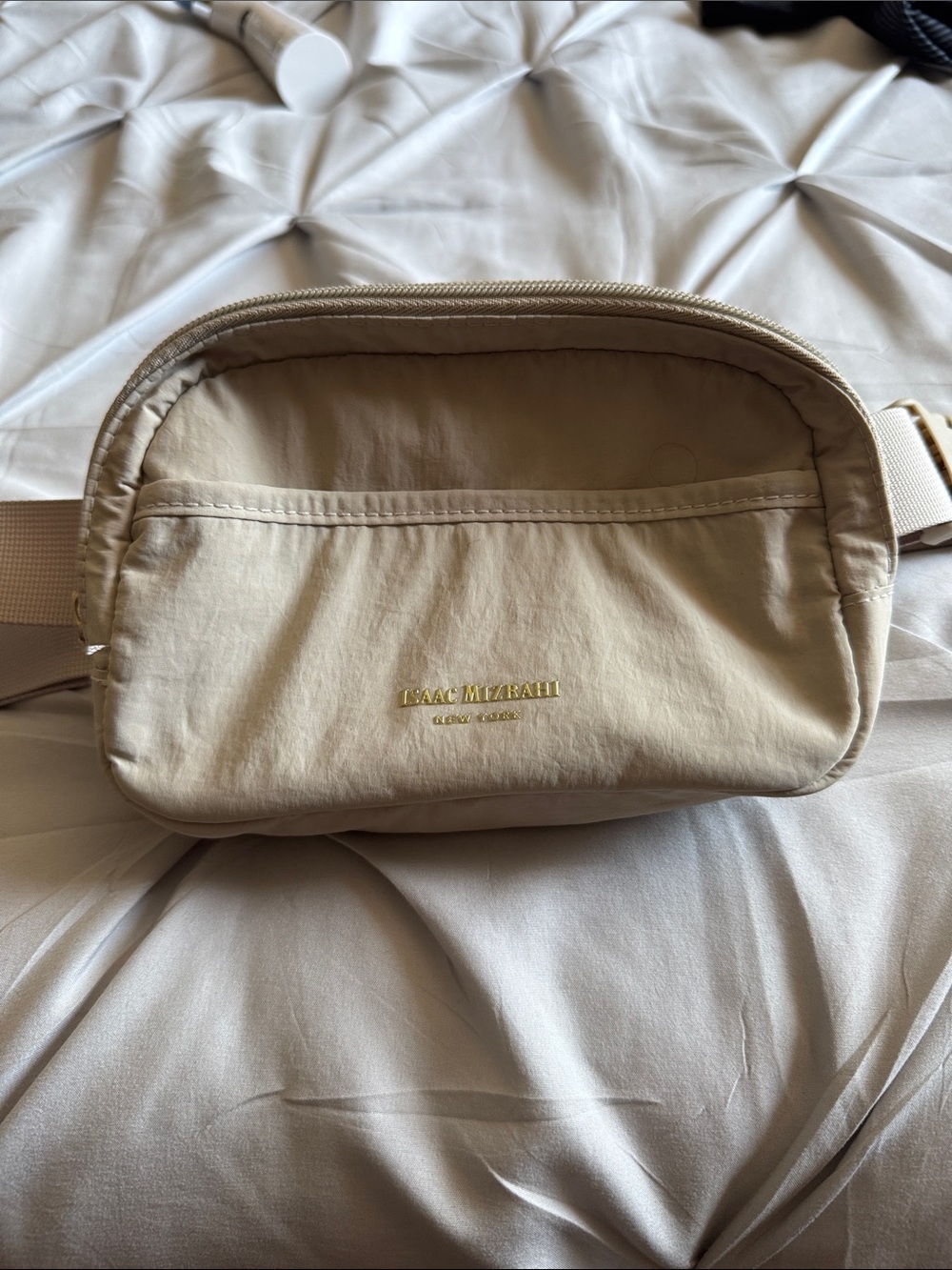 Isaac Mizrahi Cream Women’s Belt Bag with Gold Logo